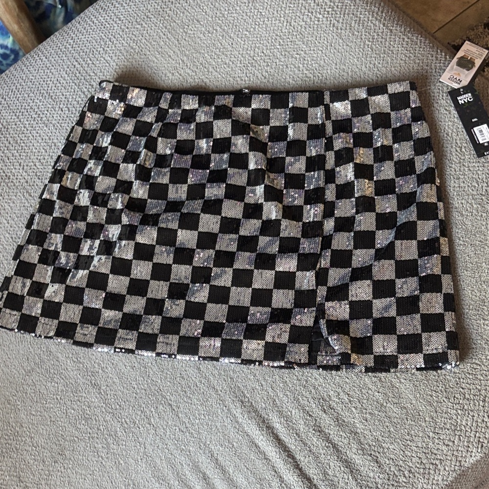 Sequin Checkered Mini Skirt - Black & Silver